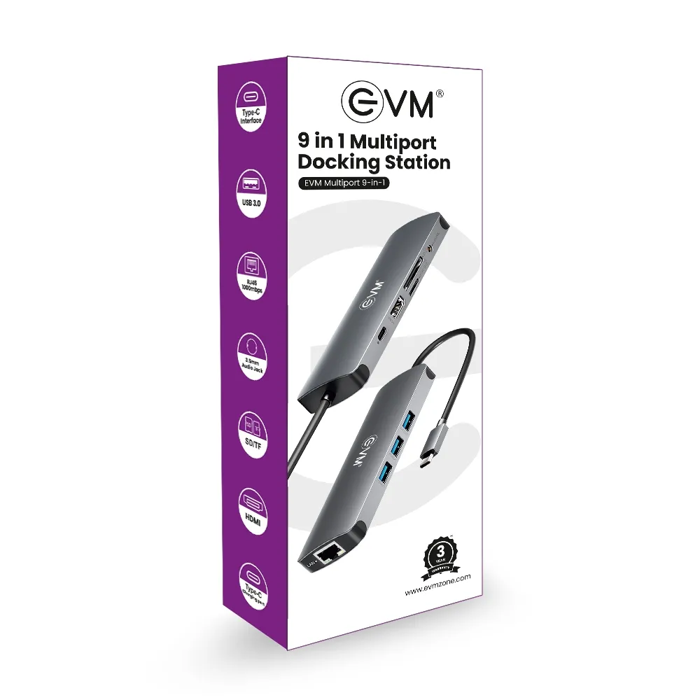 EVM Type-C Dock 9 in 1 (HDMI | USB |GIGA LAN | AUX | SD/TF CARD | TYPE-C)